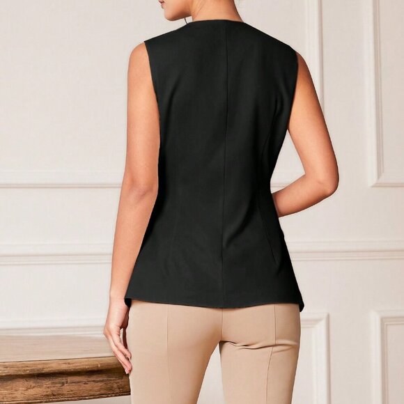 Black Elegant Women's Ladies' Solid Color Sleeveless Suit Vest - Picture 2 of 8